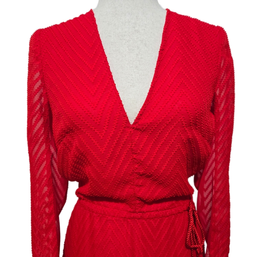 H&M Red Maxi Dress Sheer Textured Chevron Katy Perry Holiday Collection Size 4 - Picture 2 of 15